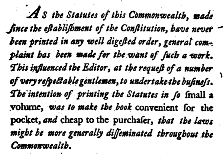 THE PERPETUAL LAWS OF MASSACHUSETTS (1st Edition 1788; 2nd Edition 1801