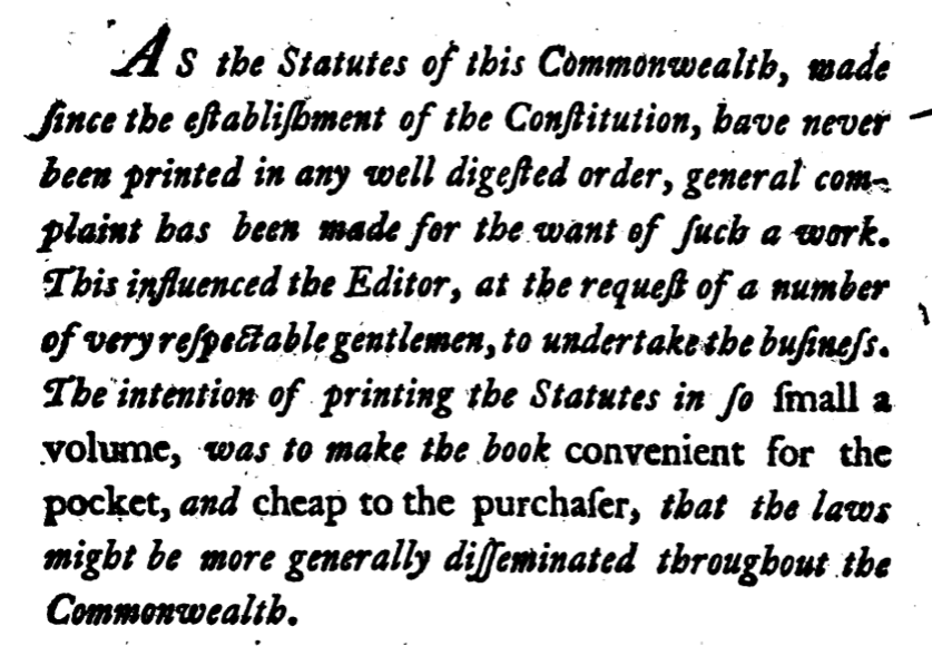 THE PERPETUAL LAWS OF MASSACHUSETTS (1st Edition 1788; 2nd Edition 1801