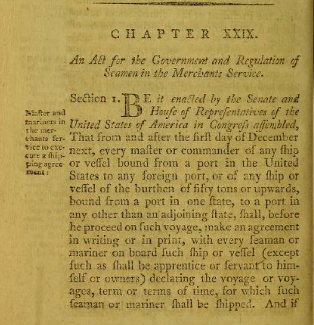 1790 Act for the Government and Regulation of Seamen (first Federal