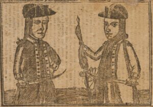 Daniel Shays and Job Shattuck, as depicted in a newspaper illustration by an unidentified artist who may never have actually met them